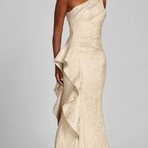 Teri Jon by Rickie Freeman Jacquard One Shoulder Side Ruffle Gown, GOLD